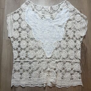 Raga Womens Casual 100% Cotton Ivory White crochet Beach top XS